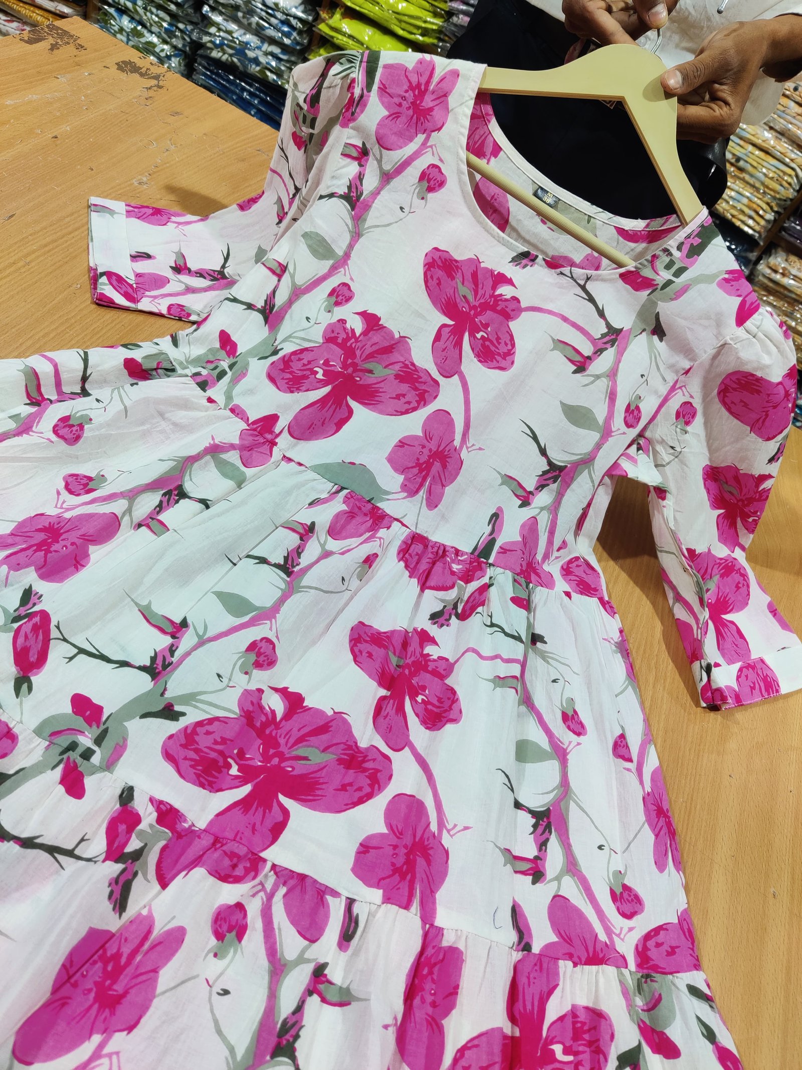 Pink Printed Cotton Midi Gown Dress